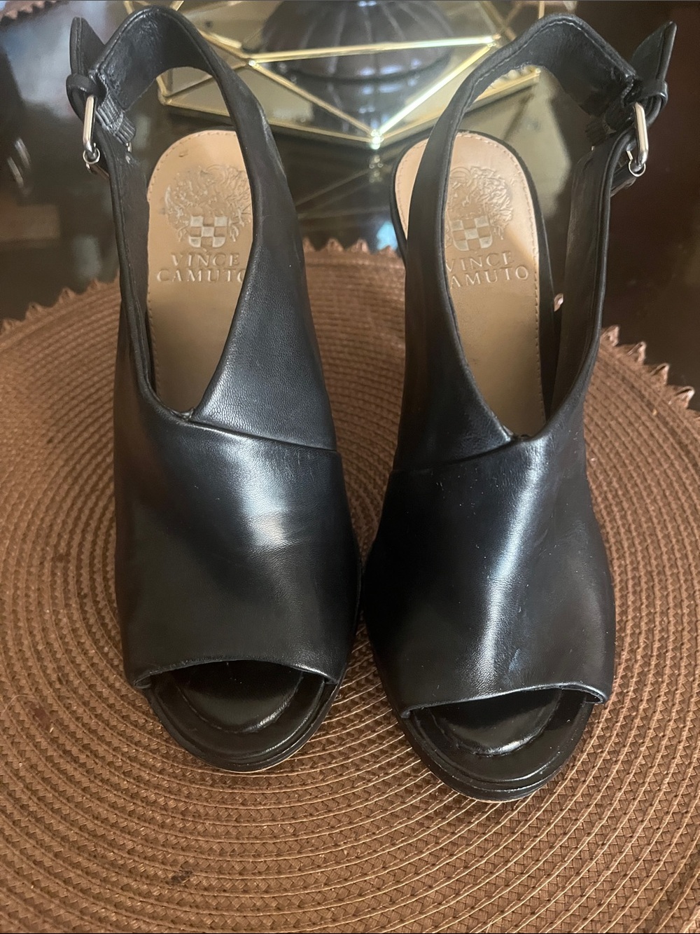 Vince Camuto Black Leather Peep-Toe Slingback Heels